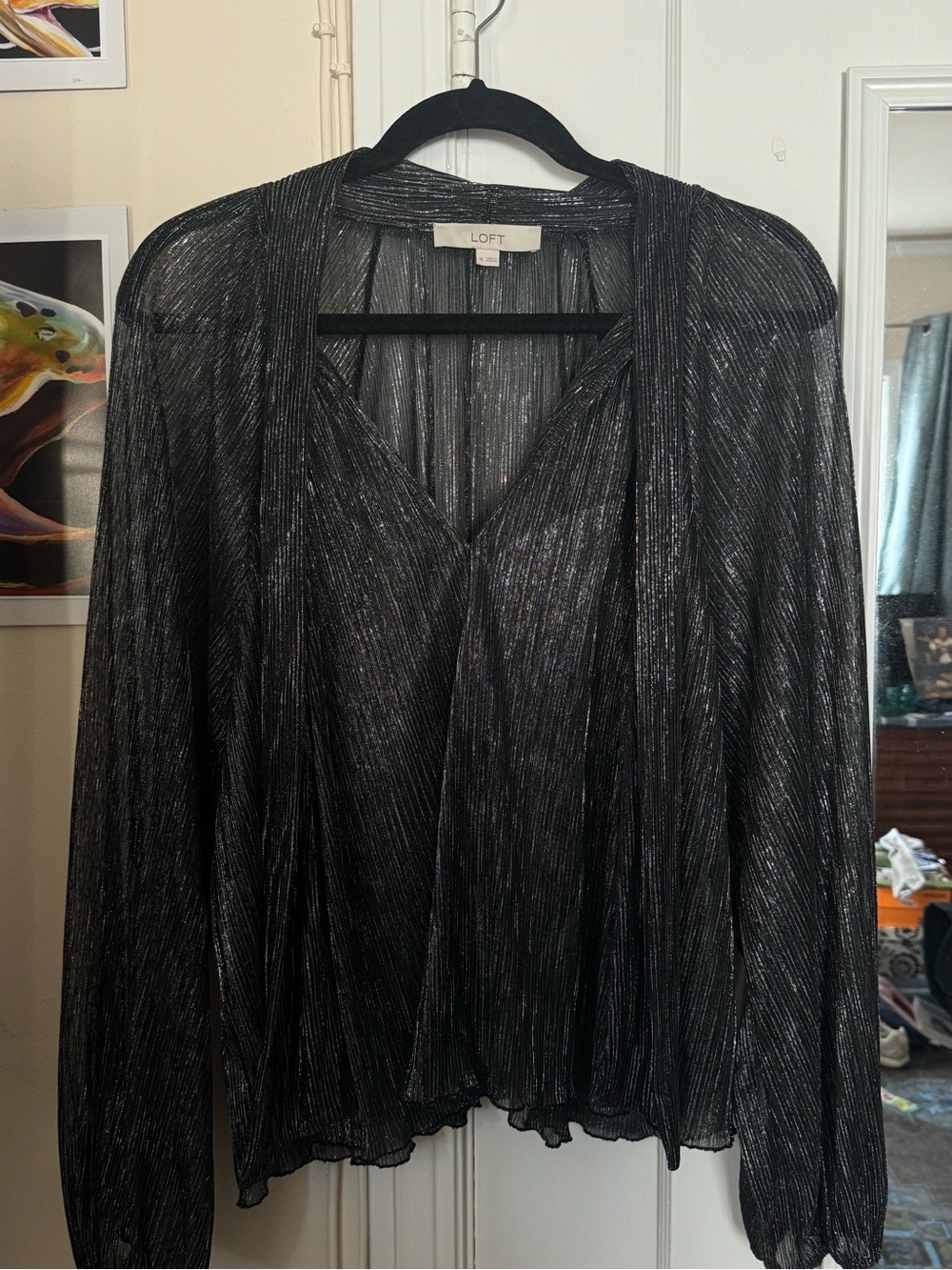 LOFT Black Metallic V-Neck Pleated Plisse Long-Sleeve Top with Shimmer